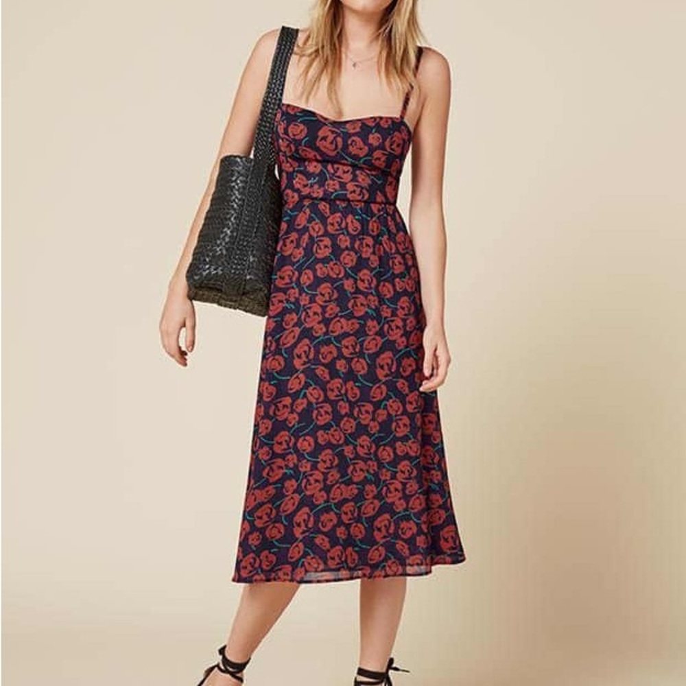 Reformation Red and Blue Floral Print Midi Dress | Silk Rose Print Dress | Sz‎ 2
